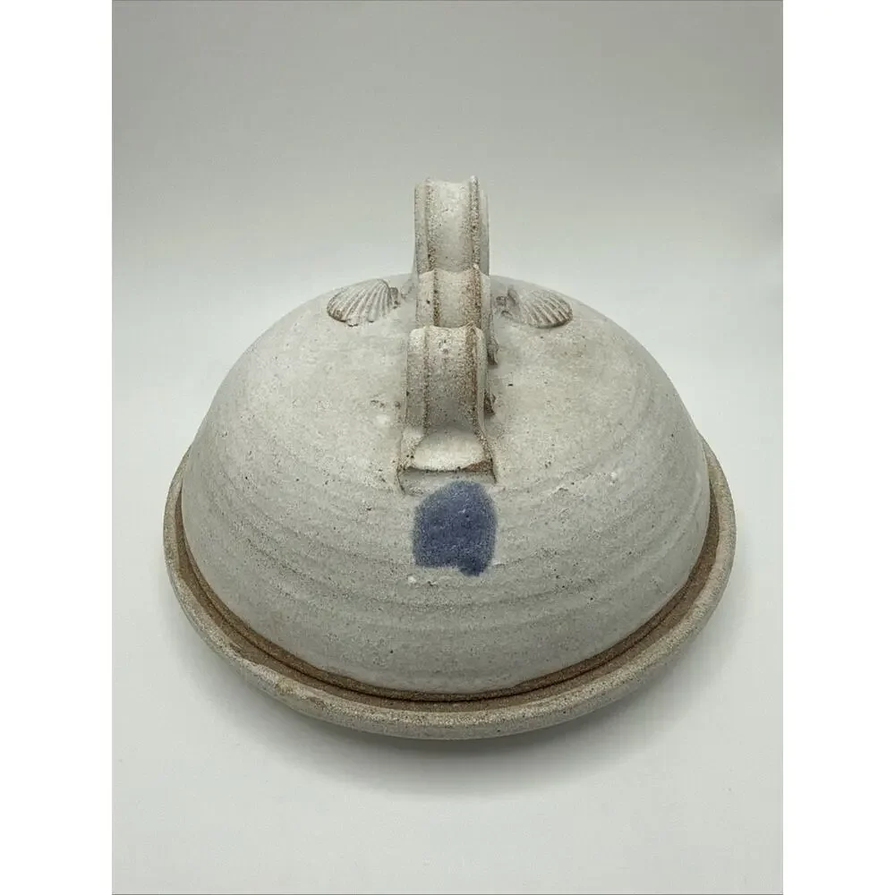 Vintage Handmade Pottery Lidded Blue & Cream Cheese Crock w Ribbon Handles